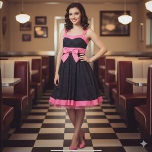 💋 Pink black summer spring lace frill sheer bow tie Dress Polka dot